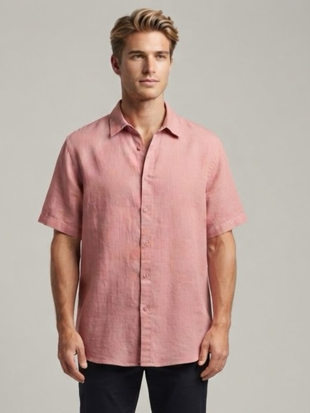Raffi Men’s 100% Linen Short-Sleeve Button-Down Shirt in Salmon Size Large - Picture 2 of 11